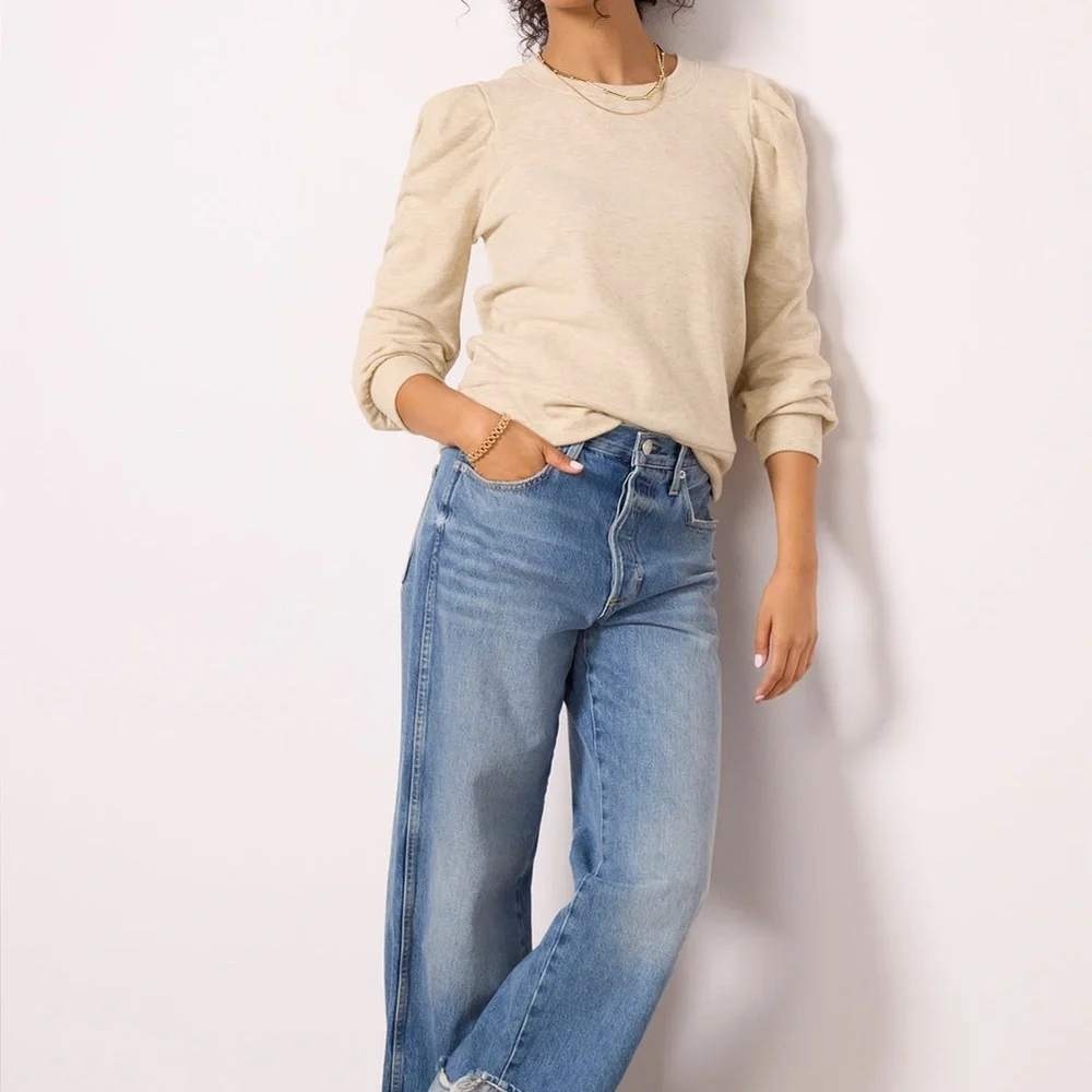 Evereve Adalynn Brushed Pleated Puff Sleeve Sweatshirt Oatmeal Heather Beige L